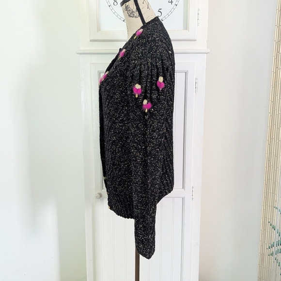 Vintage '80s Sparkle Net Cardigan Sweater With Pink Angora Puffs - Picture 6 of 10